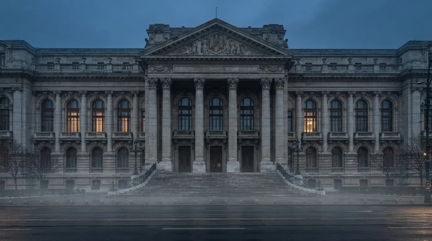 Fațada de piatră a unei clădiri guvernamentale din București, în lumina rece a zorilor — 20 rotiri gratuite în romania