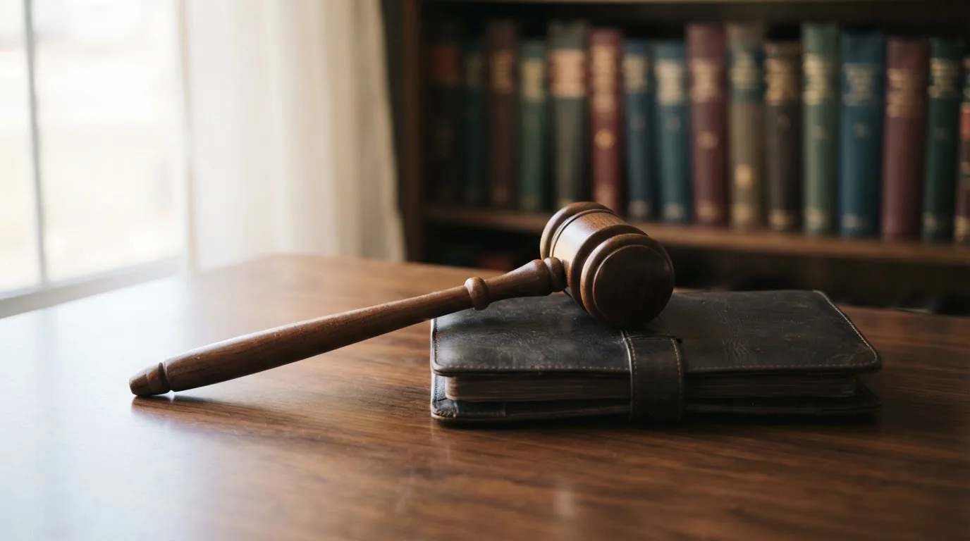 Un ciocan de judecător lângă un dosar de piele închis, pe o masă de nuc lustruit — aparate de cazinou din românia