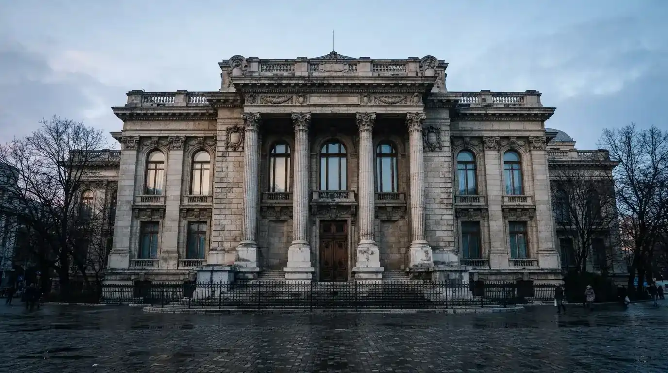 Fațada de piatră a unei clădiri guvernamentale din București, în lumina rece a zorilor — aparate de păcănele în românia