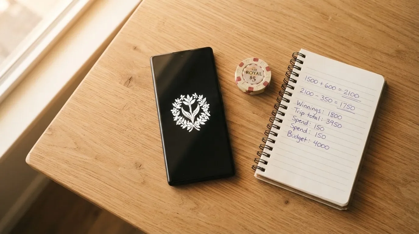Smartphone așezat pe o masă de lemn lângă o monedă aurie și un calculator de buzunar, în lumina unei ferestre.