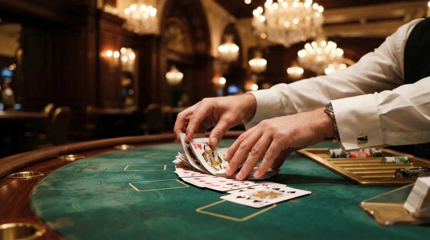 Mâinile unui crupier amestecă cărțile sub candelabrele unui cazinou elegant — blackjack reguli pentru români