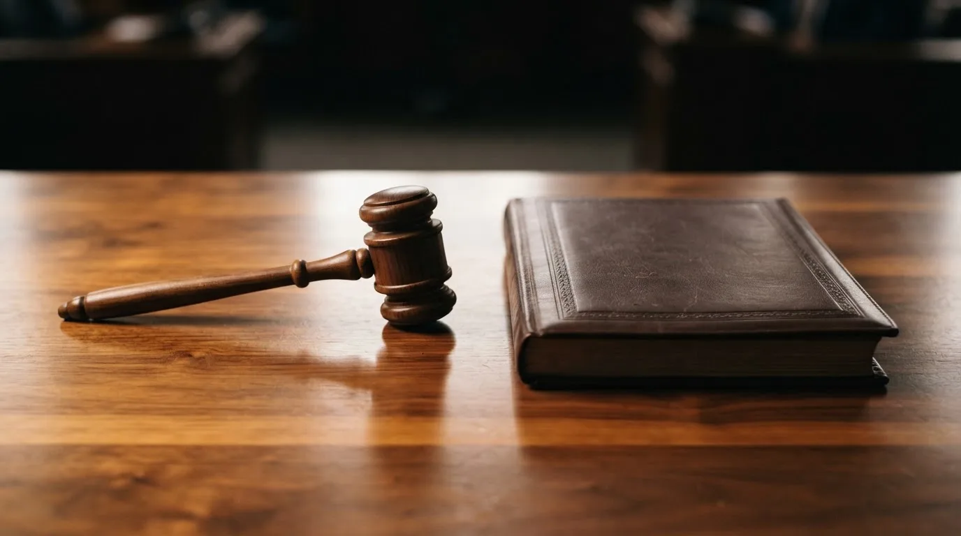 Un ciocan de judecător lângă un dosar de piele închis, pe o masă de nuc lustruit — bune cazinouri în românia