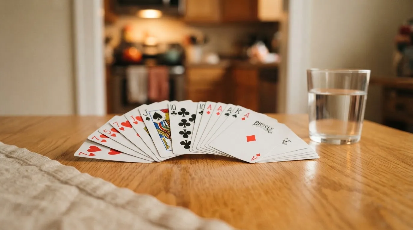 Un pachet de cărți de joc desfăcut evantai pe o masă de stejar, lângă un pahar cu apă — casino gratis în românia
