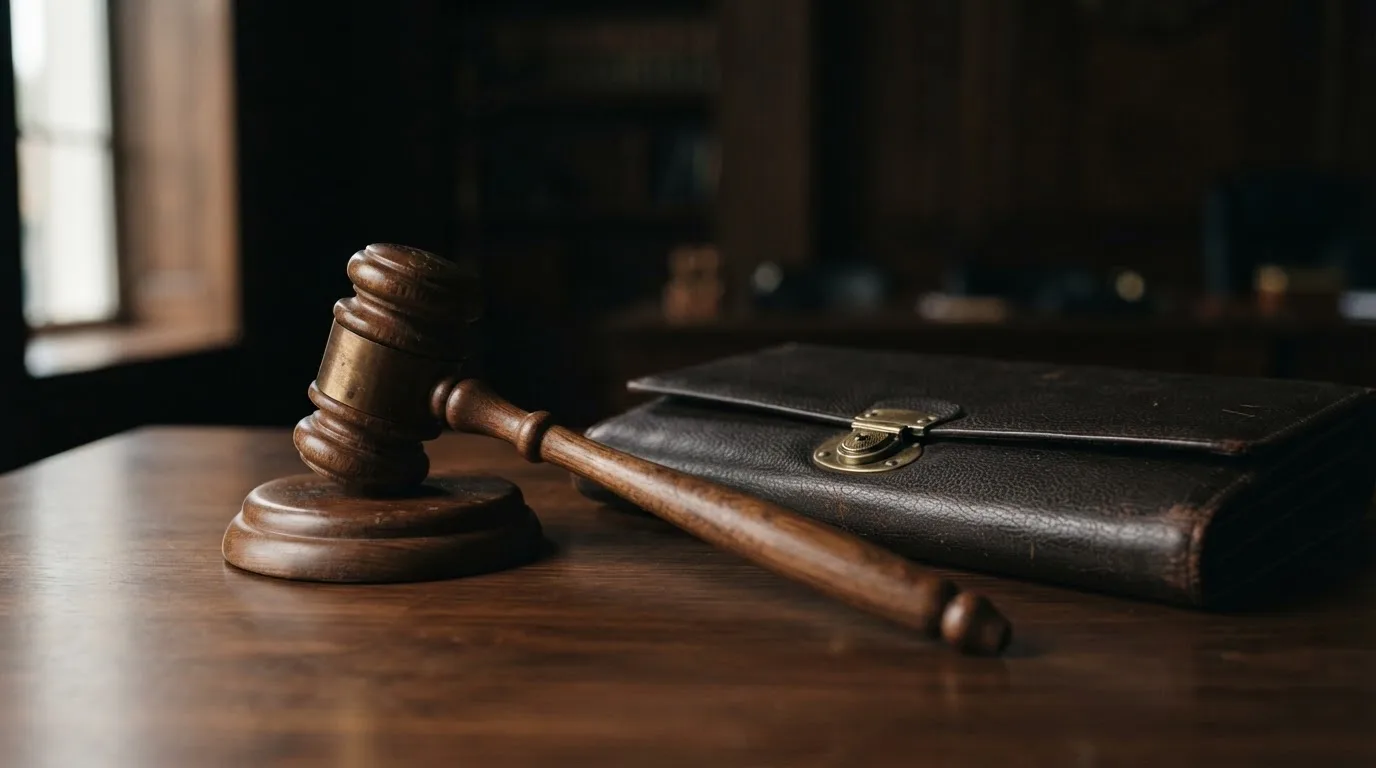 Un ciocan de judecător lângă un dosar de piele închis, pe o masă de nuc lustruit — cazino cu bani reali în românia