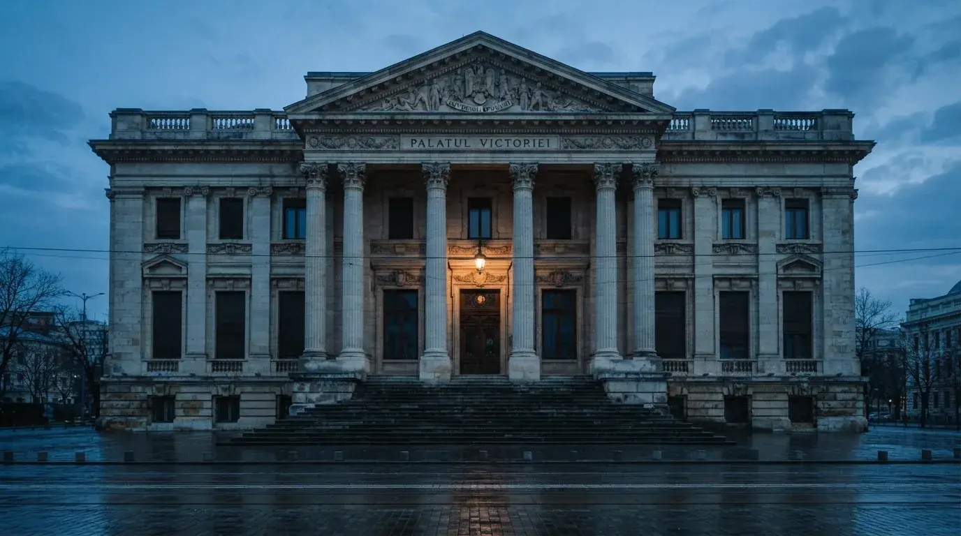 Fațada de piatră a unei clădiri guvernamentale din București, în lumina rece a zorilor — cazinouri cu ruletă în romania