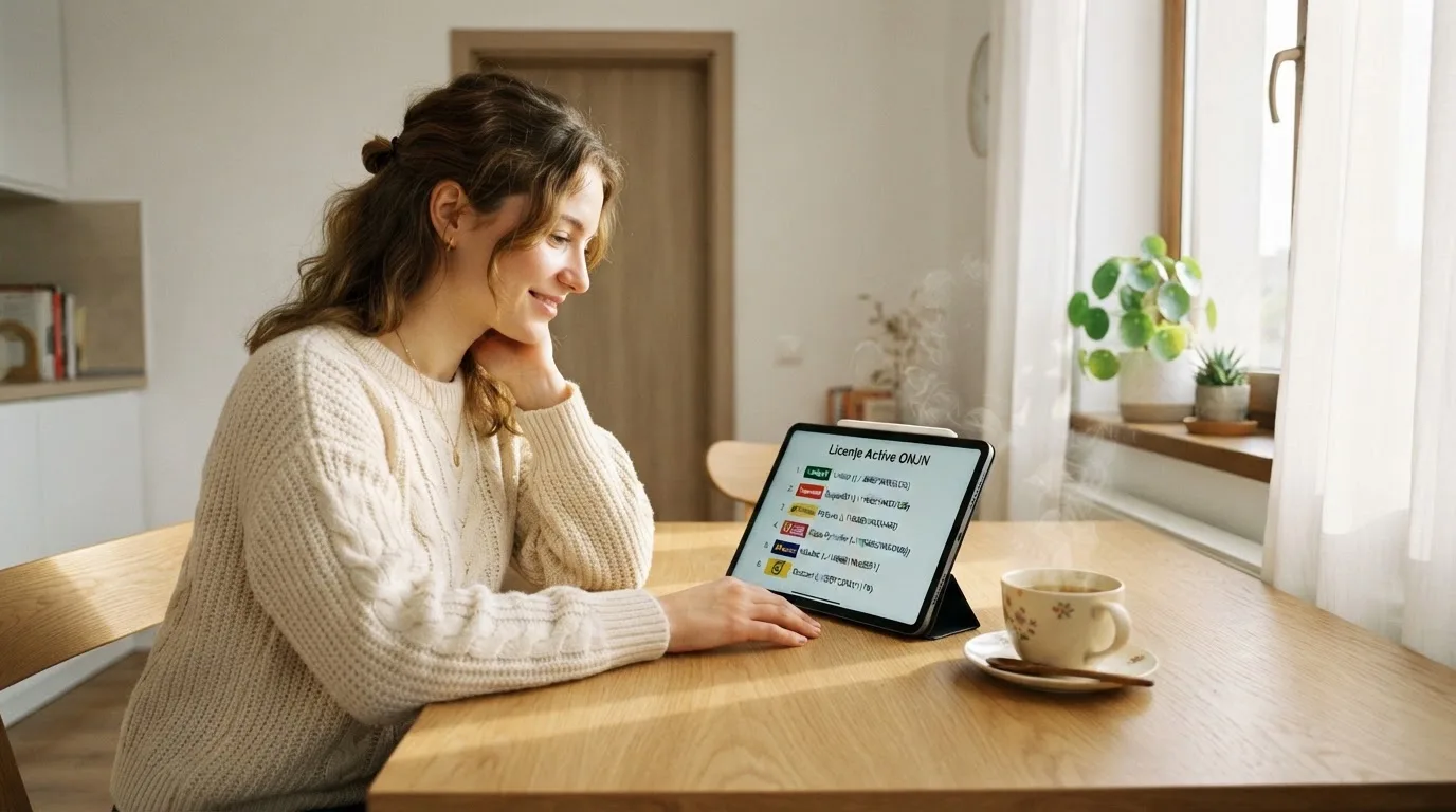 Adult tânăr stă la masa din sufragerie cu o tabletă în față și o cană de ceai, într-o cameră cu lumină naturală puternică.