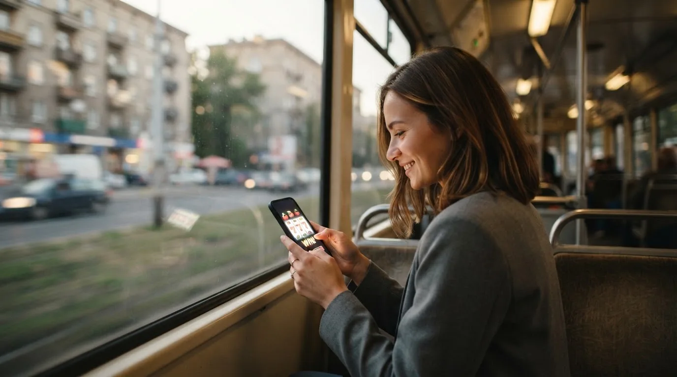 Tânără în tramvai ține telefonul cu ambele mâini și zâmbește, în timp ce afară se văd clădiri neclare în mișcare.