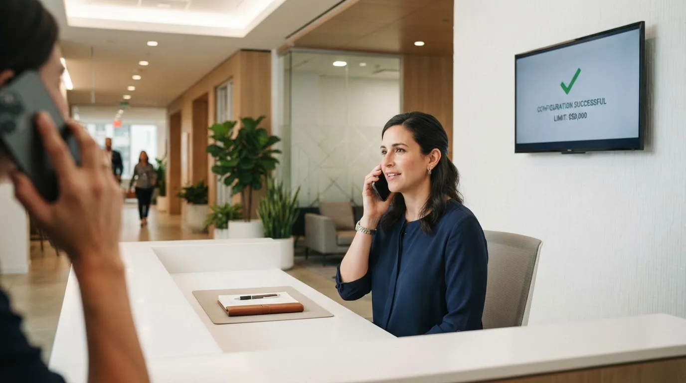 Birou de recepție într-un hol modern, cu un monitor discret pe un perete și o funcționară care răspunde la telefon.