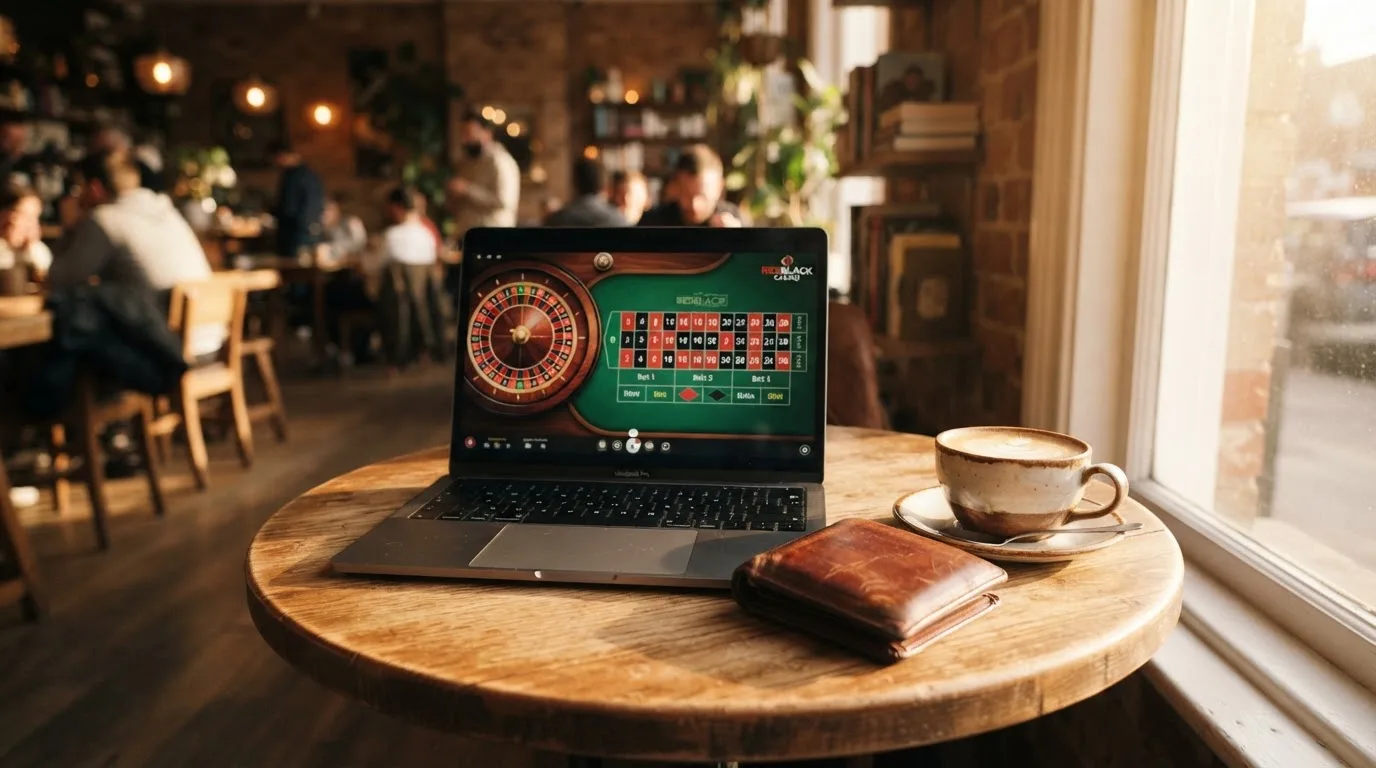 Laptop deschis pe o masă de cafenea, lângă un portofel de piele și o cană, cu lumina după-amiezii pe suprafața mesei.