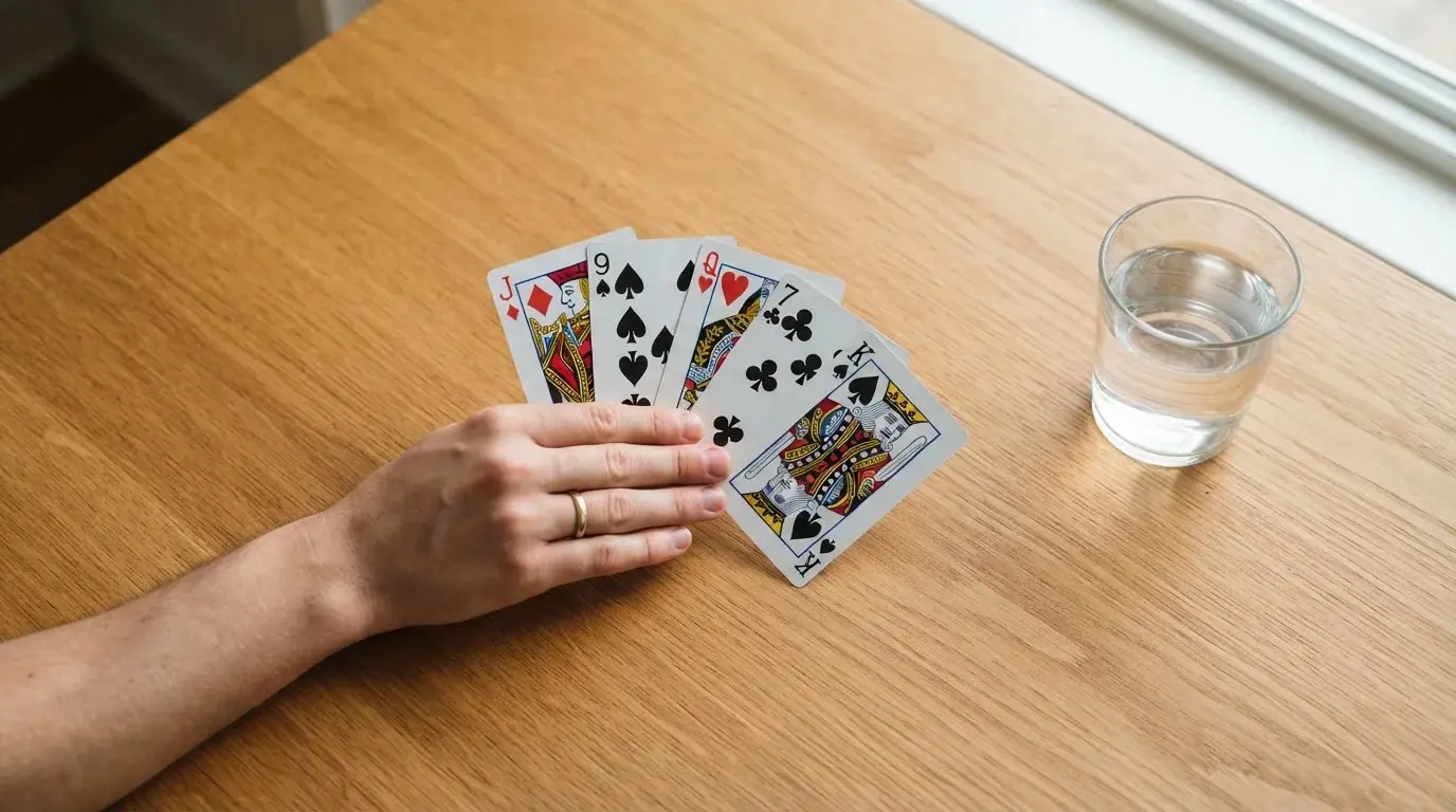 Un pachet de cărți de joc desfăcut evantai pe o masă de stejar, lângă un pahar cu apă — live blackjack în românia