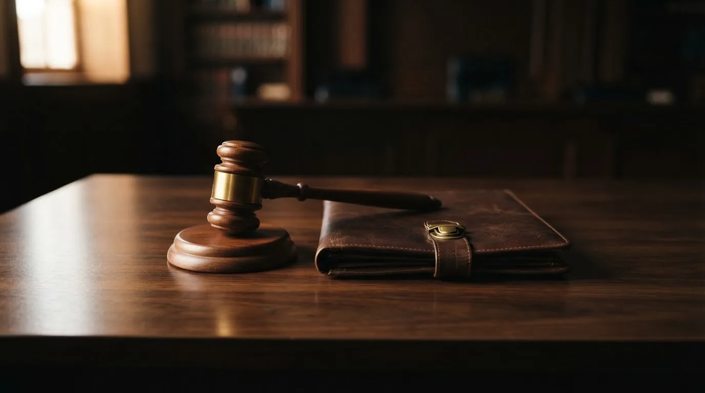 Un ciocan de judecător lângă un dosar de piele închis, pe o masă de nuc lustruit — live blackjack în românia